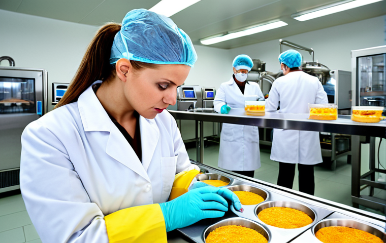 ** A modern food processing plant in Germany, showcasing a diverse team of quality control specialists (including a food hygienist) in lab coats examining food samples with high-tech equipment. Focus on cleanliness and adherence to strict HACCP guidelines.

**